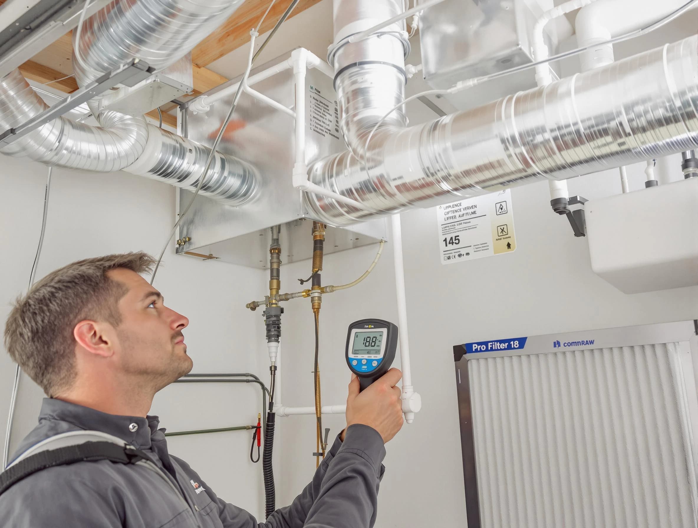 North Valley Air Duct Cleaning expert conducting detailed filter system inspection using diagnostic tools in North Valley
