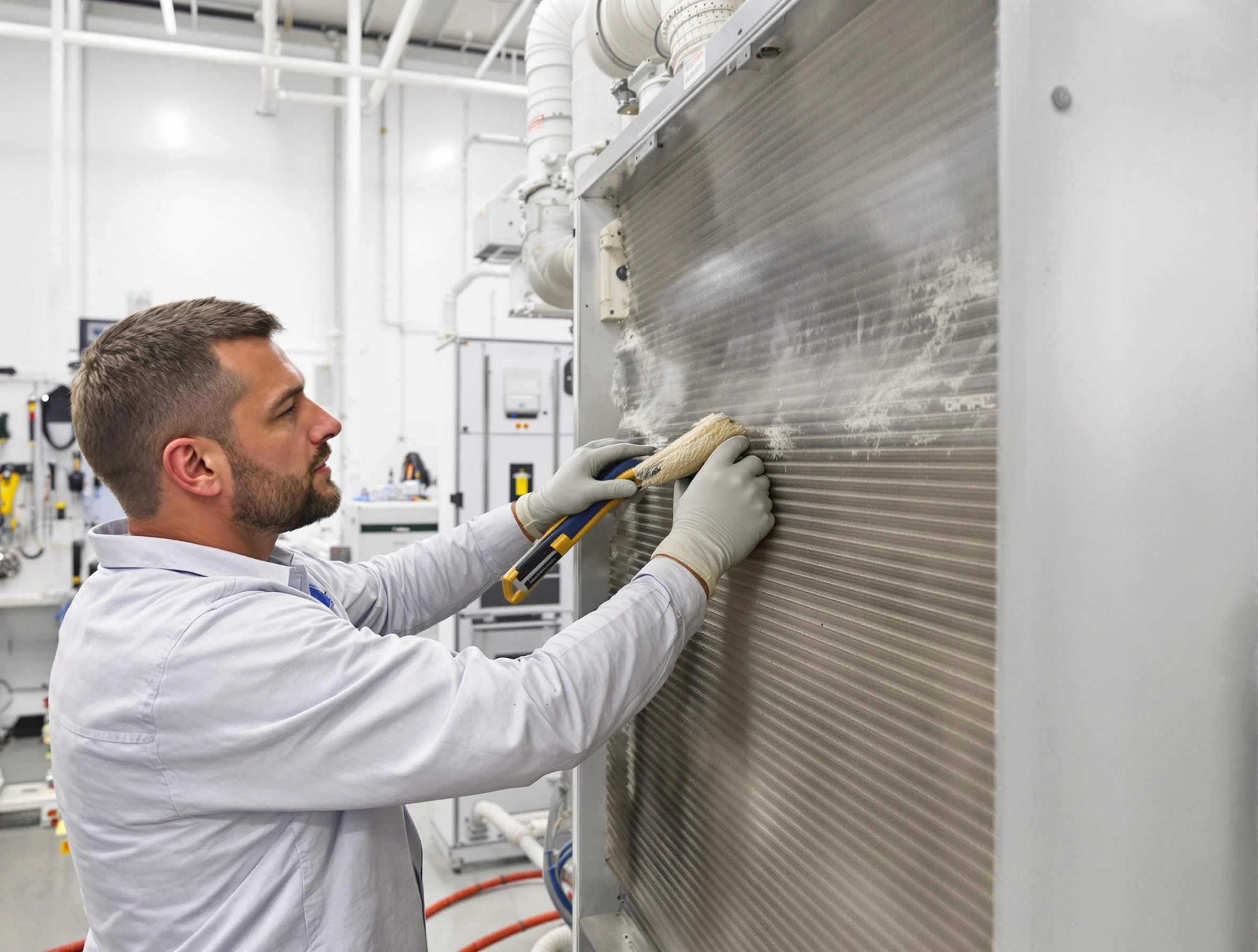 North Valley Air Duct Cleaning technician performing precision commercial coil cleaning at a North Valley business