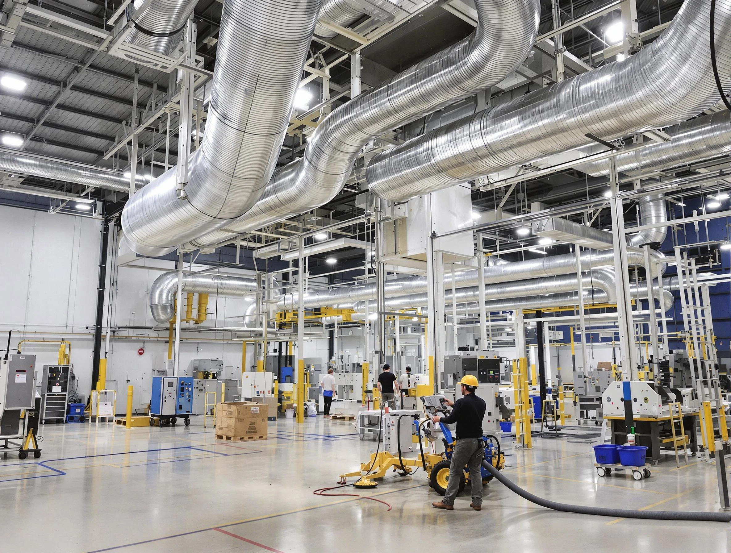 North Valley Air Duct Cleaning team performing comprehensive industrial duct cleaning at a large facility in North Valley
