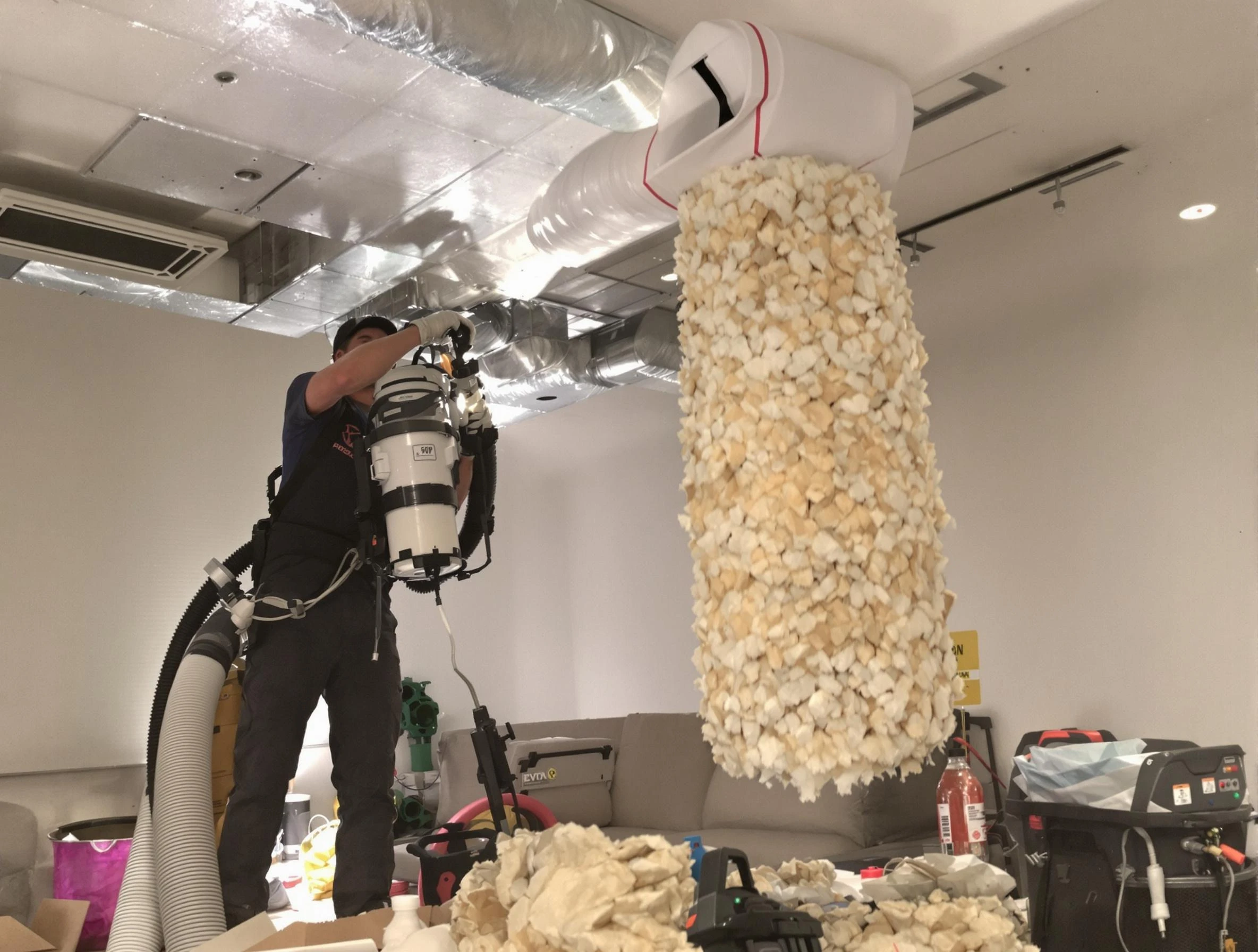 North Valley Air Duct Cleaning technician performing precision vacuum insulation removal in a residential property in North Valley